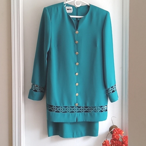 Leslie Fay | Vintage Turquoise Cut-Out Jacket & Skirt Suit - Picture 1 of 8